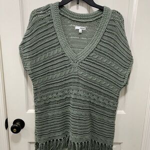 Green V-Neck Knit Sweater Vest with Fringe